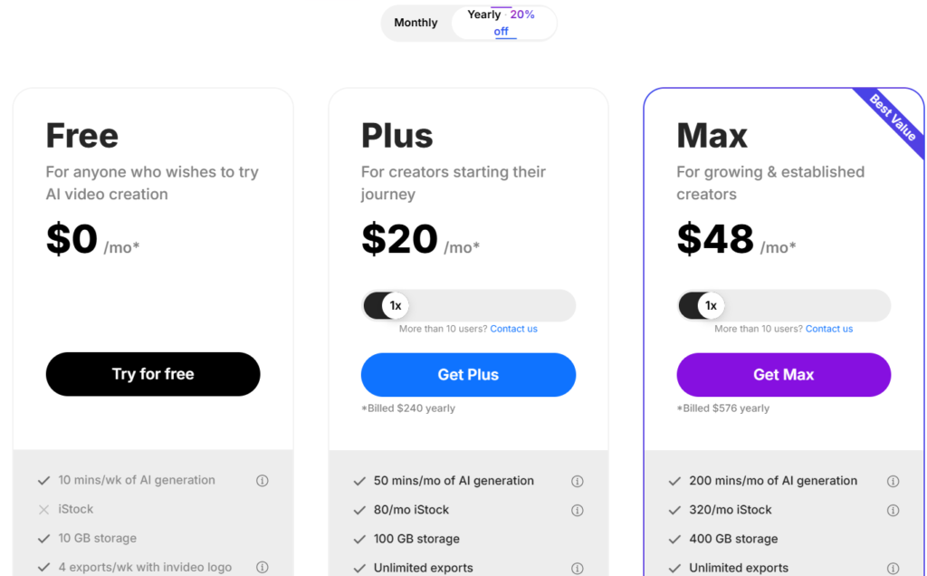 InVideo AI Pricing